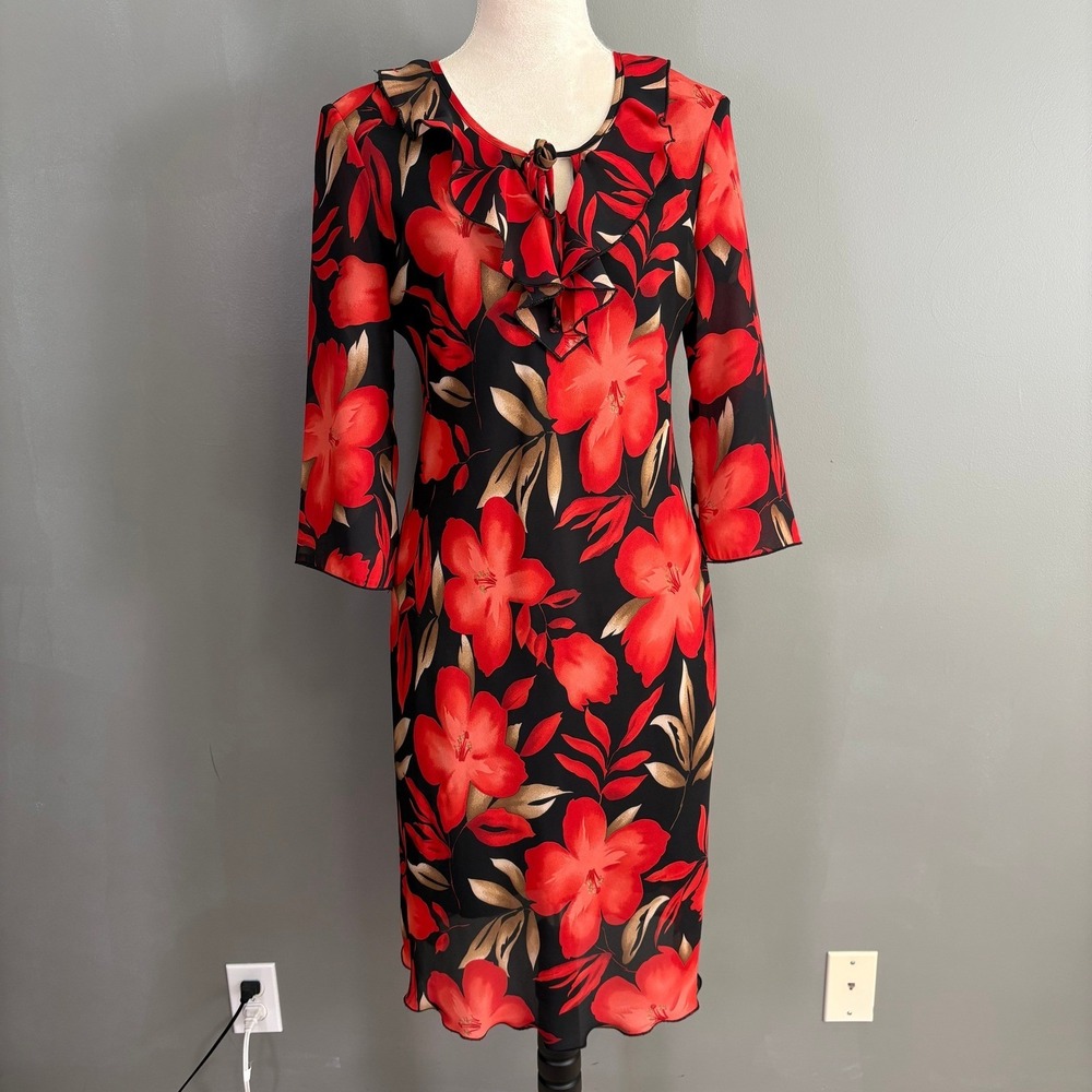Vintage Y2K‎ JBX Floral Midi Dress M Ruffle Neck Sheer Fairy Whimsygoth Office
